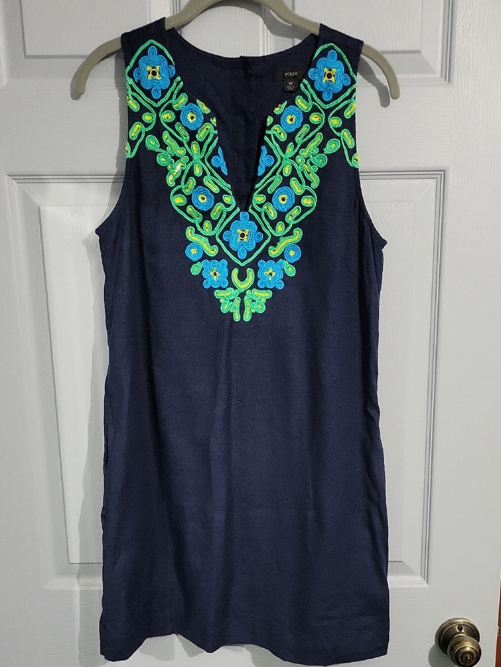J. Crew Navy Blue Embroidered Linen Lined Sleeveless Dress Small Tall